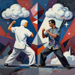 Painting of sifu vs yang by Sachin Teng, asymmetrical, Organic Painting ,geometric shapes, clouds, hard edges, energetic, graffiti, street art:2 by Sachin Teng:4