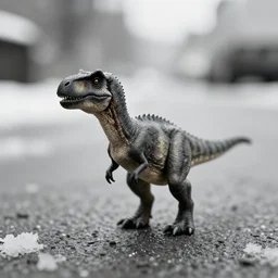 award winning photo by william christenberry of a tiny gray dinosaur standing in the street, tiny gaussian blur, insanely detailed, insanely intricate, depth of field, low contrast, snowy, wide aperture