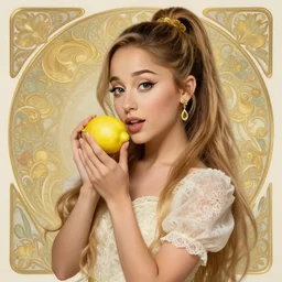 beautiful cottagecore Ariana Grande holding a Yellow Lemon, intricate, elegant, highly detailed, digital painting, artstation, concept art, smooth, sharp, focus, illustration, art by artgerm and greg rutkowski and alphonse mucha