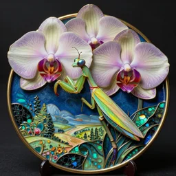 majestic colorful orchid mantis enamel by jean delville, cloisonne, iridescent, black opals, beautiful hyperdetailed art nouveau orchids, ultrasharp photorealistic octane render