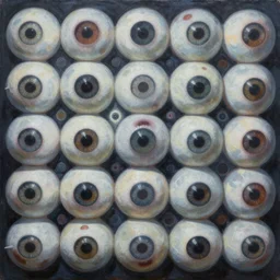 painting of a wall made of eyeballs