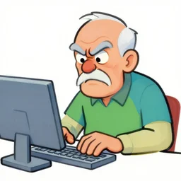 painting of an old boomer angry at a computer, bold lines, bright, colorful