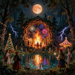 a night carnival around a magical tree cavity with a rounded scenario burning in colored flames and fireworks, with a surreal orange moonlight, next to a lake with iridiscent water, christmas lights, volumetric lightning, folklore people disguised as fantastic creatures in a magical forest by summer night, masterpiece painted by canaletto, scene by night, dark night environment, refraction lights, glares