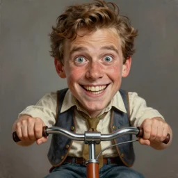 A Hearts of Iron IV closeup portrait of a Remi Malek with bulging eyes and a huge smile, riding a tricycle. Dressed in 1980s style. Highly detailed, fine Art, high detail, great lighting, 8k resolution, masterpiece, concept art, illustration, clear eyes, painting oil on canvas, octane render, HDR, trending on artstation, 4k, 8k, HD
