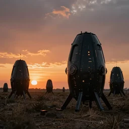 a field of techno - biological innovative survival pods at sunset, generative design structure, biopunk, black and orange colour palette, cinematic, photorealism