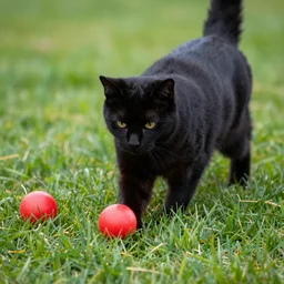 a black cat playing with red balls on grass