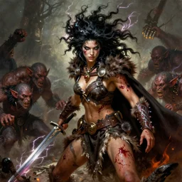 Savage battlescarred warrior girl, cavewoman, wild spiky black electrified hair, pelt, torn clothing, savage cloak, scars of battle, bloody, electrical aura, scimitar, primeval fantasy, prehistoric fantasy, orcs, goblins attacking, 1980s pulp fantasy, art by Frank Frazetta and Boris Vallejo