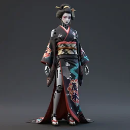 full body portrait of a gothic style punk geisha robot with kanji tattoos and decals wearing a digital pixelated kimono, intricate design, photo - realistic, octane render, ultra fine detailed, character design, trending on artstation