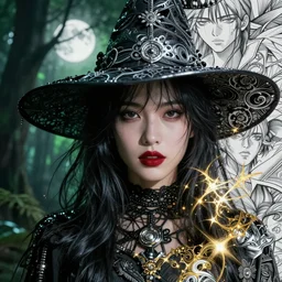 double exposure effect, glowing silver and golden elements, full close-up portrait, realistic female model from shutterstock as a dark witch, book cover, green forest, white moon, red lips, establishing shot, extremly high detail, photo-realistic, cinematic lighting, pen and ink, intricate line drawings, by Yoshitaka Amano, Ruan Jia, Kentaro Miura, Artgerm, post processed, concept art, artstation, matte painting, style by eddie, raphael lacoste, alex ross