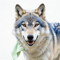 pale blue wolf, pale green handkerchief, dark blue hair, dark blue spots, black nose, happy smile having fun, beige ears, beige mane, hyperrealistic, photo realistic, realistic, beautiful white lighting, in the middle of the day, hyperdetailed, very detailed, excellent composition