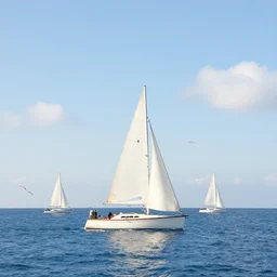 sailing boat among seagulls, blue calm sea and few white clouds, dreamy light