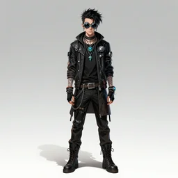 a cybergoth guy wearing goggles and eccentric jewelry by jamie hewlett :: full body character concept art, full body, detailed