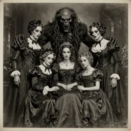 vintage photograph monochrome plate, monstrous mutant victorian family of cenobite people posing with grotesque lovecraftian entities, distressed old photo, slight sepia tone, horror, madness