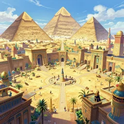 A wide open courtyard in an epic, colorful ancient Egyptian city, anime, pyramids, a fantasy digital painting by Greg Rutkowski and James Gurney, trending on Artstation, highly detailed
