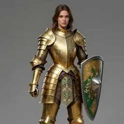 full body portrait of a female warrior medium length brown hair and a very very highly detailed face wearing elegant golden plate mail armor intricately painted with green and white accents, holding a rectangular tower shield, very highly detailed, artstation, cgsociety, realistic character concept art, sharp focus, by greg rutkowski, artgerm, and alphonse mucha