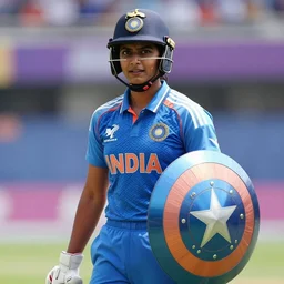 A young Indian woman as captain India, holding a shield, film still from The Avengers