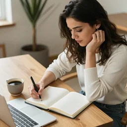 my lovely woman working at the table with a notebook, a morning coffee on her side