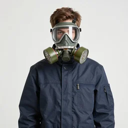 teenager wearing a boiler suit and a futuristic full face gas mask