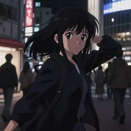 anime visual, dark portrait of a young female traveler in shibuya at night shopping, low light, beautiful face by ilya kuvshinov, yoh yoshinari, dynamic pose, dynamic perspective, cel shaded, flat shading mucha, rounded eyes, moody, detailed facial features, ghost in the shell, psycho pass