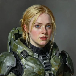 ultra realistic portrait painting of elle fanning in halo 2, art by frank frazetta, 4 k, ultra realistic, highly detailed, epic lighting