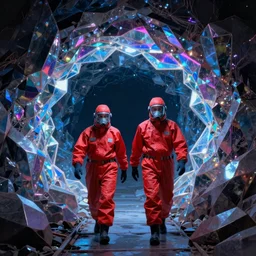 two scientist wearing red hazmat suits entering the geometric crystal nebula dimensional gateway by frank frazetta. neon lighting.