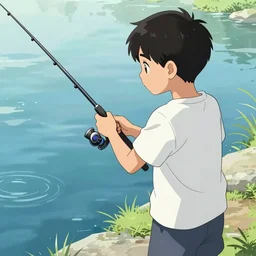 an pure visual hq manga showing a boy going to fish for the first time