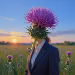 thick thistle flower under head, a girl in a suit in field of flowers, surreal photography, sunrise, blue sky, dramatic light, impressionist painting, digital painting, artstation, simon stalenhag