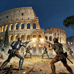 1 9 0 6 martians fighting - machines attacking rome with missiles weapons, night, first person view, style by frank r. paul
