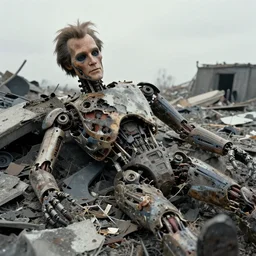 grainy recovered photo of animatronic Willem Dafoe by Stan Winston studios trashed destroyed lying broken in a landfill post apocalyptic gloom discarded exposed inner machinery detailed