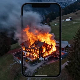 mansion in the alps set on fire, zoomed out, shot from drone, iphone capture, fire
