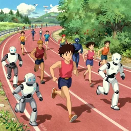 marathon with running robots and people, studio ghibli yoshiyuki sadamoto artgerm greg rutkowski makoto shinkai, artstation