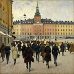 painting of swedish commuters heading to the central business district of stockholm, painted by laurence stephen lowry, oil on canvas, national gallery