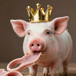 pig wearing a gold crown eating a pork rind 8k resolution