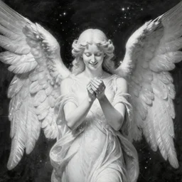 highdetailed hyperrealistic painting of white angel!!! no gender smiling noface!!!, light instead of hands, white sparkles everywhere, 4 k hd face!!!, big silver high detailed wings!!!, renaissance, by jan van eyck, by gerhard richter, holography space, glow effect, large strokes, monochrome!!!!!