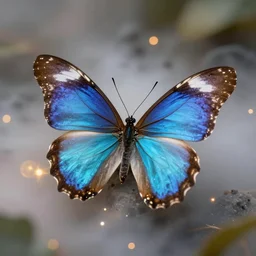 macro photography of a blue and gold butterfly, bokeh, glowing fog, trending on artstation