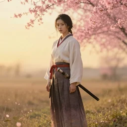 female samurai standing in a field in the style of Ruan Jia, pink flower rain, golden hour