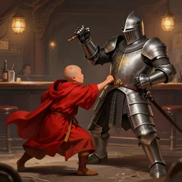 A small monk with a red cloak punching a large knight in his stomach in the middle of a bar brawl, digital art, realistic