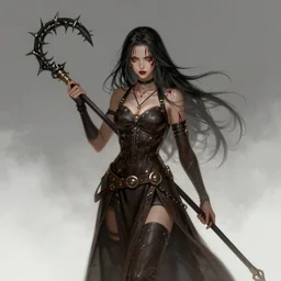 priestess of loviatar, the maiden of pain and the willing whip, holding a nine - stranded whip with barbed strands, wearing leather, digital art inspired by artstation and brom art and larry elmore