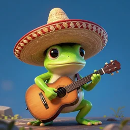 cute frog playing on guitar, digital art, sombrero, blue background