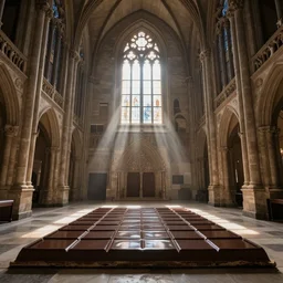 Notre Dame interior. chocolate over a pedestal illuminated by a ray of light from a cathedral window. Wide Perspective. Realistic. Fantasy art