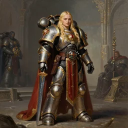 Elle Fanning a Warhammer 40k paladin, glorious LONG BLOND hair, by Ivan Aivakovsky, by Boris Vallejo, epic fantasy character art, D&D Concept Art, full length, Realistic, Regal, Refined, Detailed Digital Art, Oil Paining, Exquisite detail, post-processing, masterpiece, Cinematic Lighting, Unreal Engine, 8k, HD