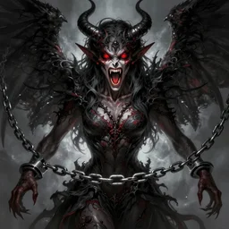 dark angel, demon, satan, red eyes, chain, handcuffs, large chain, wide open mouth, scream, cruelty, light effect, hyper detailed, intricate, elegant, highly detailed, digital painting, artstation, concept art, matte, sharp focus, illustration, by dan mumford, yusuke murata, makoto shinkai, ross tran