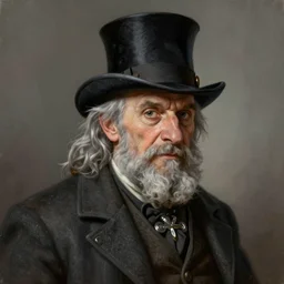 a grey hair old halfling with stubble no beard top hat and suit by Greg Rutkowski, painting, portrait, HD, high details, trending on artstation