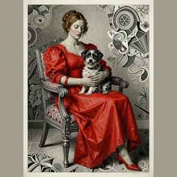 an anamorphosis painting of a woman in a red dress, sitting in a designer chair, holding her dog, inspired by lise deharme, albrecht durer, abstract, a level art, intricate, pop surrealism, digital poster, ornately detailed, photorealism, trending in artstation