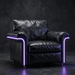 a brutalist leather armchair with neon light edges in a dark concrete room, intricate details, octane render