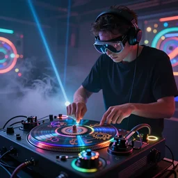 a person wearing goggles and visor and headphones using a futuristic record player contraption, wires and tubes, turntablism dj scratching, intricate planetary gears, cinematic, imax, sharp focus, leds, bokeh, iridescent, black light, fog machine, hazy, lasers, hyper color digital art