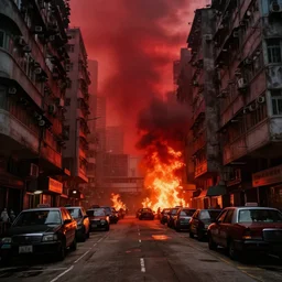 dirty, dark, streets of hong kong, huge fires, red sky