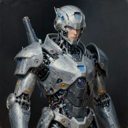 a portrait of a robot with high tech armor, high detailed greg rutkowski painting, by adrian ghenie and gerhard richter. art by james gurney. masterpiece, deep colours.