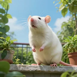 a cinematic wideangle photograph of a huge white rat stood on a balcony, green plants, blue sky, beautiful lighting, ultra realistic, movie still