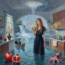 tall emo female artist holding a starfish in her flooded kitchen, pomegranates, octopus, water gushing from ceiling, painting of flood waters inside an artist's apartment, a river flooding indoors, ikebana, zen, rapids, waterfall, black swans, canoe, berries, acrylic on canvas, surrealist, by magritte and monet